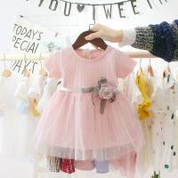 فستان أطفال صيفي جديد للفتيات بأكمام قصيرة على الطراز الكوري فستان أميرة شبكي للفتيات الصغيرات تنورة أنيقة 0-3  وردي 