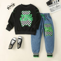 2-piece Kid Boy Plaid Bear and Letter Pattern Sweatshirt & Matching Denim Cropped Pants  Black