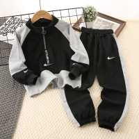 2-piece Kid Boy Color-block Zipper Front Stand Up Collar Sweatshirt & Color-block Pants  Black