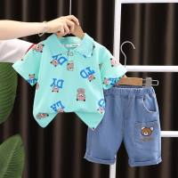 Boys summer POLO shirt set 2024 new children's clothing summer lapel short-sleeved two-piece set with full printing, handsome and trendy  Blue