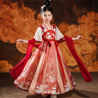 فستان صيفي رقيق للفتيات من Hanfu تنورة بدلة تانغ للأطفال من Dunhuang Feitian  أحمر