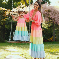 Mom Baby Clothes Sweet Stripes Long Dress  multicolor