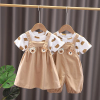 Foreign trade children's clothing 2023 summer new style boys and girls full printed bottoming T-shirt casual cartoon skirts and suspenders two-piece set  Khaki