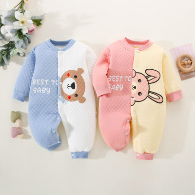 Brother and Sister Pure Cotton Color-block Letter and Animal Pattern Button-up Long-sleeved Long-leg Romper