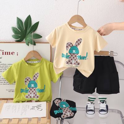 New summer style for small and medium children, fashionable plaid rabbit short-sleeved suit, trendy boys' casual short-sleeved suit