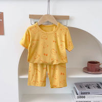 Conjunto de dos piezas de pijamas de pantalones cortos de manga corta para niños y niñas con aire acondicionado elástico de dibujos animados lindos de verano para niños  Amarillo