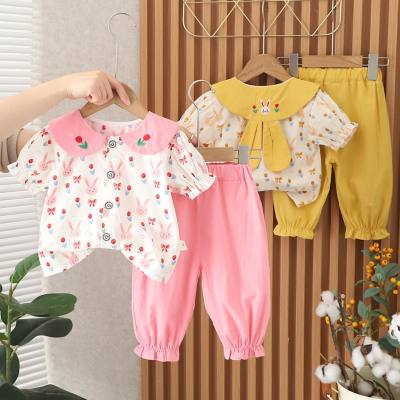 Foreign trade new style girls summer clothes bunny cardigan short-sleeved suit summer children's casual baby girl nine-point pants two-piece suit
