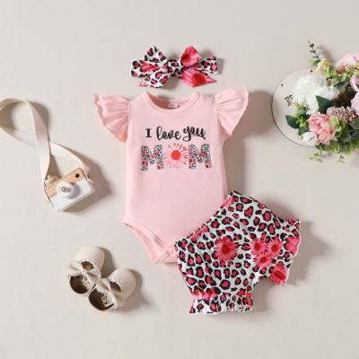Baby Girls' Three-piece Romper/Pants Set with Bull Head Print and Letters