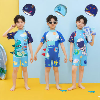 Cartoon cute children's swimsuit one-piece boy's small and medium-sized children's short-sleeved shorts swimsuit baby boy conservative swimsuit