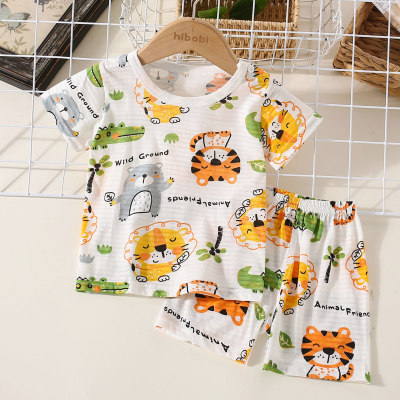 Camiseta de manga corta con estampado de animales de dibujos animados de algodón puro para niños pequeños de 2 piezas y pantalones cortos a juego