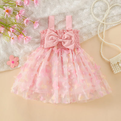 Baby Girl Solid Color Bow-knot Pleats Mesh Suspender Dress
