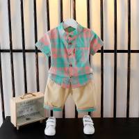 Boys' summer short-sleeved suit new style children's summer fashionable and handsome Internet celebrity street plaid shirt short-sleeved suit  Green