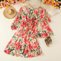 Sweet Floral Print Long Sleeve Dress for Mom and Me  Pink