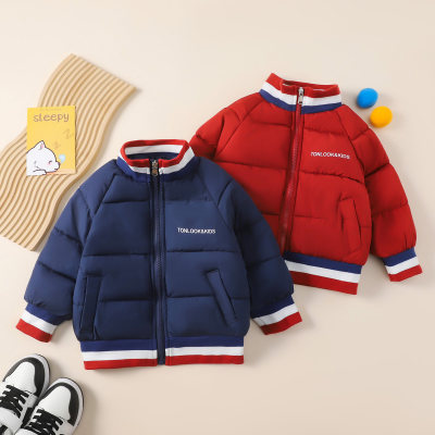 Toddler Boy Solid Color Letter-printed Zipper Cotton-padded Jacket
