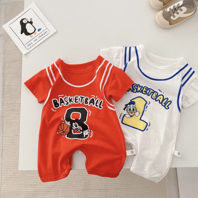 Baby jumpsuit, summer clothing, pure cotton baby short-sleeved vest, thin basketball clothing, newborn sportswear, summer crawling clothing, trendy