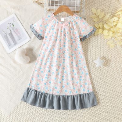 Toddler Girl Allover Floral Printed Patchwork Short Sleeve Dress
