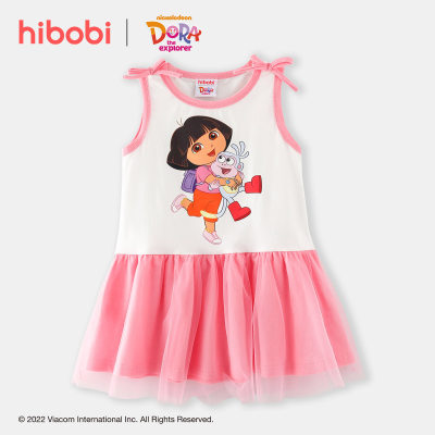 hibobi x Dora Toddler Girls Cute Sweet Printing Cotton Mesh Hem Bow Knot Decor Dress