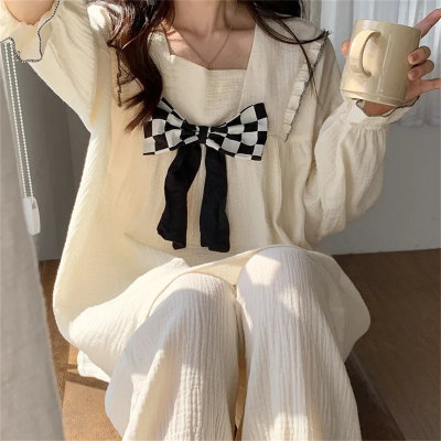 Version coréenne du pyjama transfrontalier d'automne pour femmes col en v dentelle doux dessin animé imprimé ours en ligne commerce infrarouge diffusion en direct vêtements de maison