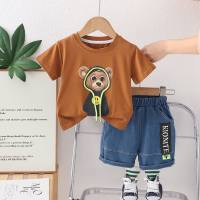 Boys summer suit 2024 new style baby short-sleeved cartoon summer clothes handsome children's clothes two-piece suit trendy  Orange