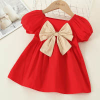Vestido de manga corta con decoración de lazo para niña pequeña  rojo
