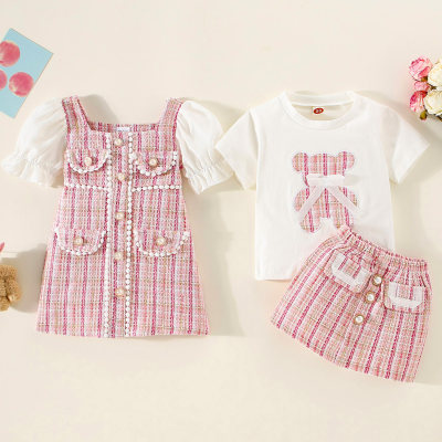 Brother and Sister Organic Cotton Puff Sleeve Patchwork Bead Decor Tweed Dress & Bear Pattern T-shirt & Matching Tweed Skirt