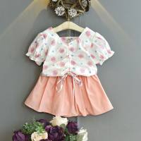 Girls suits summer new Korean style printed short-sleeved tops fashionable short skirts two-piece children's clothing trend  Pink