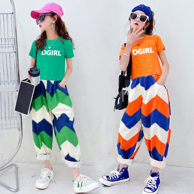Girls summer suits for middle and large girls with letters short sleeves, loose wavy patterns and nine-point casual pants