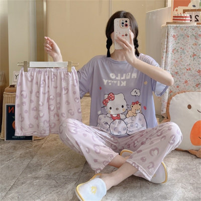 Conjunto de pijama de tres piezas para niña adolescente con dibujos animados de Hello Kitty
