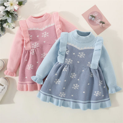 Toddler Girl Ruffled Color-block Patchwork Snowflake Pattern Mock Neck Long Sleeve Knitted Dress