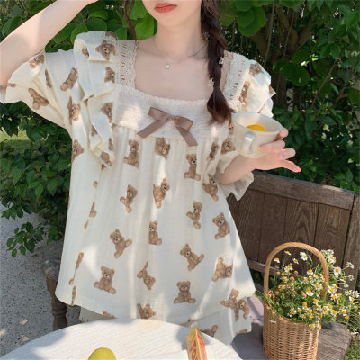 Pastoral style pajamas for women, short sleeves, soft girls, loose square collar, apricot bear lace bow, sweet home clothes