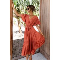 Falda larga con cintura de encaje y hoja de loto de color liso con cuello en V para mujer  naranja
