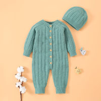 Baby Knitwear Solid Color Long-sleeved Long-leg Romper & Hat  Green