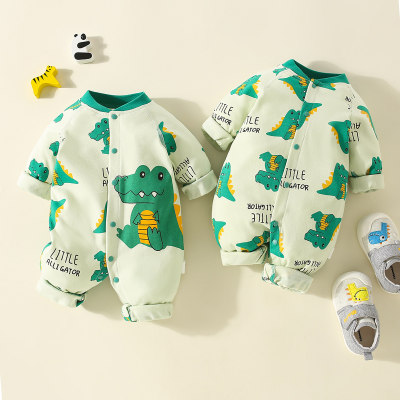 Brother and Sister Pure Cotton Allover Dinosaur Pattern Button-up Long-sleeved Long-leg Romper