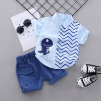 Conjunto de dos piezas de verano para niñas, Camisa lavada de comercio exterior, camiseta de algodón con pequeño monstruo, pantalones cortos, conjunto de dos piezas  Azul