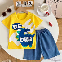 Kinderpyjamas dünne Heimkleidung aus Baumwolle mit fünf Punkten und kurzen Ärmeln, Anzüge für Jungen und Mädchen, Baby-Klimaanlagenkleidung  Gelb