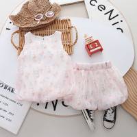 Summer new arrivals for small and medium children, cute street-printed rabbit tulip vest shorts suit for girls summer suit  Pink