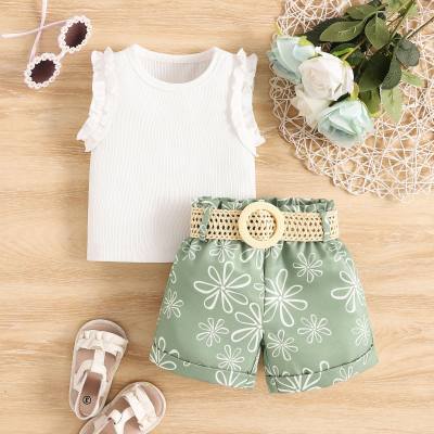 2024 Summer New Girls Casual Suit Ruffled Sleeveless Vest Braided Belt Printed Shorts Three-piece Suit