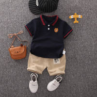 Boys summer short-sleeved suit fashionable striped polo shirt two-piece suit  Navy Blue