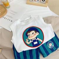 Boys summer suits new style children's clothing baby summer style children's summer vest thin handsome sleeveless clothes  White