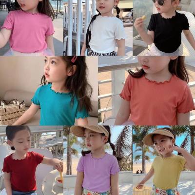 T-shirt à manches courtes en soie glacée, nouvelle version coréenne, filles et bébés, vêtements d'été polyvalents, hauts rayés élégants à bords champignons pour enfants et enfants d'âge moyen