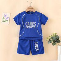 Camiseta de manga corta con estampado de letras para niños pequeños de 2 piezas y pantalones cortos a juego  Azul