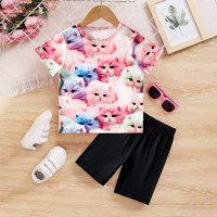 Toddler Girl's Cute Cat Print Tee And Leggings Set Tee And Shorts Set  Multicolor