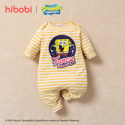 hibobi×Bob Esponja Bebê Bonito Macacão de Algodão Estampa Listrada Manga Longa
