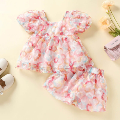 Top y pantalones con mangas abullonadas y encaje floral para bebé niña Hibobi