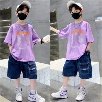 Boys short-sleeved suits for middle and older children thin style handsome and fashionable suits  Purple