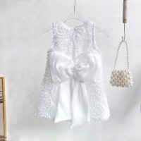 Toddler Sweet Bowknot Decor Decorative Beads Mesh Sleeveless Dress  White