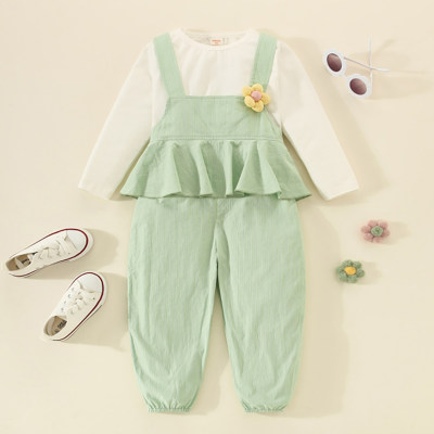 Mono 2 en 1 para niños pequeños Camiseta de manga larga con decoración floral y pantalones de color sólido