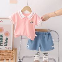 Summer new style girls lapel Polo shirt short-sleeved suit baby girl casual denim shorts two-piece trendy set  Pink