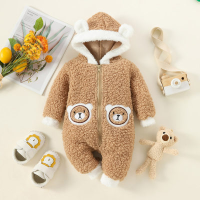 Mameluco de pierna larga de manga larga con cremallera y capucha estilo oso con bloque de color de vellón bereber para bebé niño