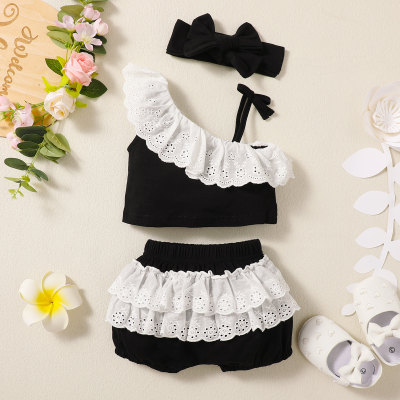 Baby Girl Patchwork Ruffle Lace One-shoudler Top And Shorts With Headband